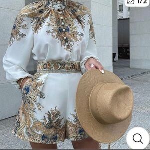 Elegant Paisley Print Blouse - White and Blue top and shorts set